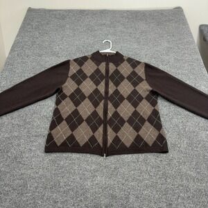Guy Risoldi Sweater Mens L Brown‎ Merino Wool Argyle Full Zip Mock Neck Preppy